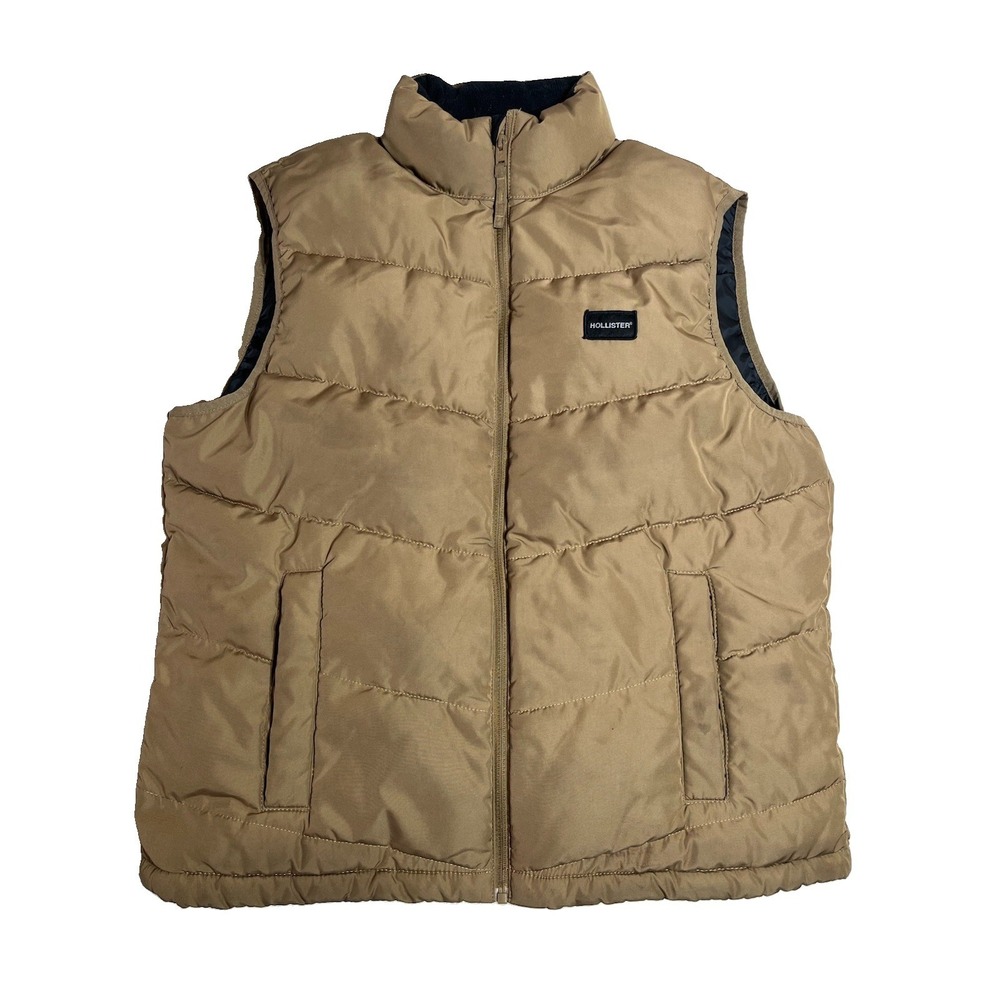 Hollister Vest Mens XL Tan Brown Puffer Quilted Full Zip Recycled Fill Outerwear